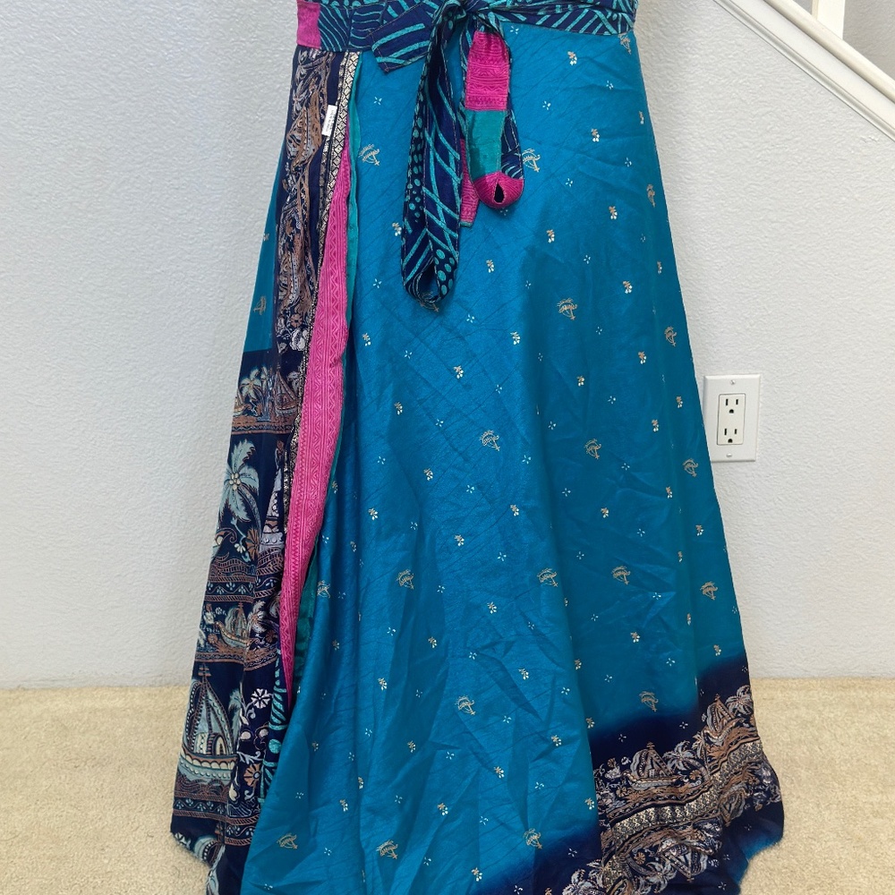 Reversible, dual-pattern Indian silk wrap skirt with blue oceanic tones